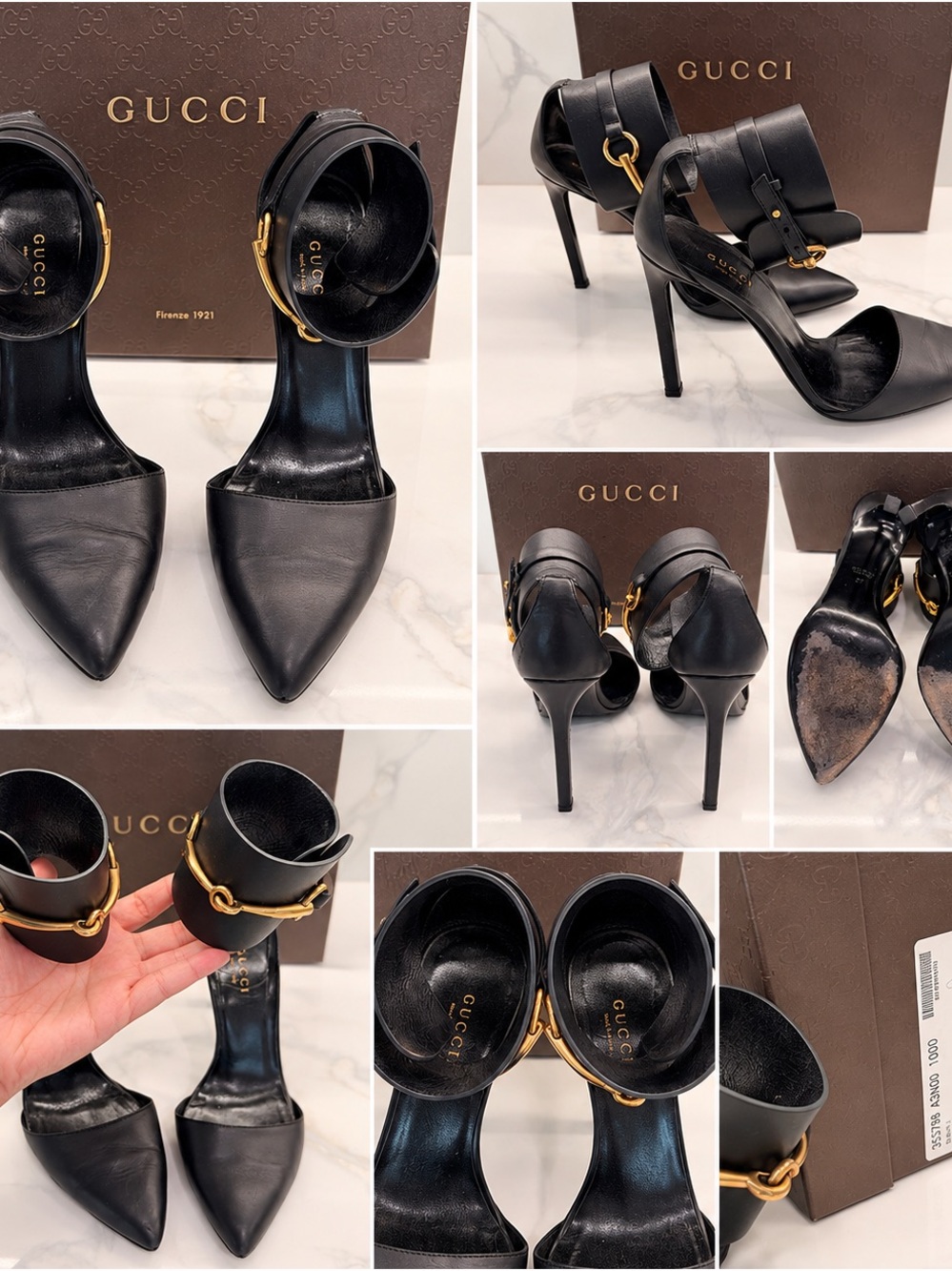 Gucci Black Leather Pointed-Toe Stiletto Ankle-Strap Heels with Gold Hardware 37